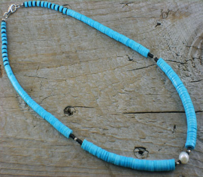 Necklace Turquoise, Jet and Sterling Heishi